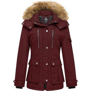 Women's Wine Red Winter Coat Warm Puffer Jacket With Removable Hood
